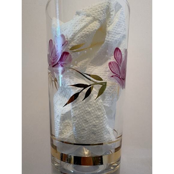 3 Vintage Hand Painted Drinking Glasses Purple Flowers Gold Leaves Tumbler - Picture 11 of 16